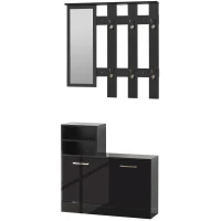 HOMCOM Set Appendi Abiti da Ingresso con Specchio e Scarpiera per 8 Paia di Scarpe, Nero Lucido(m-10)