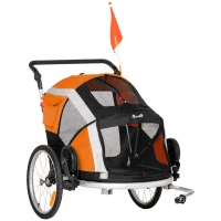 PawHut Dog Bike Trailer 2-in-1 Pet Stroller for Large Dogs Cart Foldable Bicycle Carrier Aluminium Frame with Safety Leash Hitch Coupler Reflector Flag Orange(m-1)
