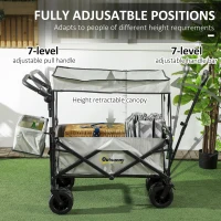 Outsunny Folding Trolley Cart Storage Wagon Beach Trailer 4 Wheels with Handle Overhead Canopy Cart Push Pull for Camping, Grey(m-5)