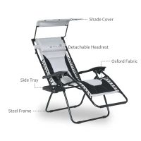 Outsunny Zero Gravity Lounger Chair, Folding Reclining Patio Chair with Shade Cover, Cup Holder, Soft Cushion and Headrest for Poolside, Camping, Grey(m-8)