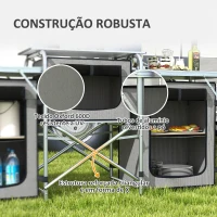 Outsunny Móvel de Cozinha para Campismo Armário Dobrável com 3 Tampos 3 Armários Suporte de Luz 4 Ganchos 172x48x119 cm Cinza(m-7)