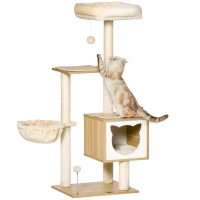 PawHut Cat Tree Cat Scratching Post with Cat Cave Platform Height 126 cm Wooden Cat Climbing Tree Particle Board Sisal Short Plush Beige 48 x 40 x 126 cm(m-1)