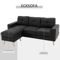 HOMCOM 3-zits hoekbank, linnenlook, omkeerbare chaise longue, 193x136x85 cm, zwart(m-6)