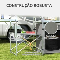 Outsunny Móvel de Cozinha para Campismo Dobrável com Mesas Estante Suporte de Luz e Ganchos 144x48x119 cm Prata e Cinza Claro(m-7)