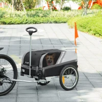 PawHut 2-in-1 Hundeanhänger Trolley Lastenanhänger lagerbar Zustange Flagge atmungsaktiv Metall Oxford- Gewebe Schwarz + Silber 130 x 64 x 92 cm(m-2)
