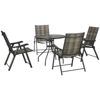 Outsunny 5 Pieces PE Rattan Dining Sets - 80cm Round Glass Top Garden Dining Table with Umbrella Hole, Outdoor Folding Armchair for Camping, Mixed Grey