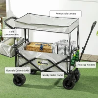 Outsunny Folding Trolley Cart Storage Wagon Beach Trailer 4 Wheels with Handle Overhead Canopy Cart Push Pull for Camping, Grey(m-7)