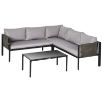 Outsunny 4 Piece Metal Garden Furniture Set, Includes Tempered Glass Coffee Table, Breathable Mesh Pocket, Outdoor Conversational Corner Sofa Loveseat, with Padded Cushions - Light Grey