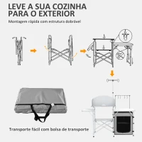 Outsunny Móvel de Cozinha para Campismo Dobrável com Mesas Estante Suporte de Luz e Ganchos 144x48x119 cm Prata e Cinza Claro(m-6)