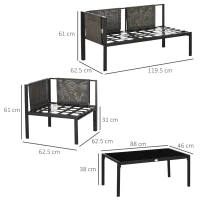 Outsunny 4 Piece Metal Garden Furniture Set, Includes Tempered Glass Coffee Table, Breathable Mesh Pocket, Outdoor Conversational Corner Sofa Loveseat, with Padded Cushions - Light Grey(m-3)