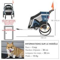 PawHut Remorque à vélo pour chien convertible jogger 2 en 1 pour animaux avec drapeau réflecteurs roues arrières gonflables aluminium(m-3)
