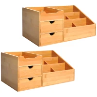 HOMCOM Lot de 2 boîtes de Rangement de Bureau - Organiseur de Bureau - 7 Compartiments, 2 tiroirs - Bambou Verni(m-1)
