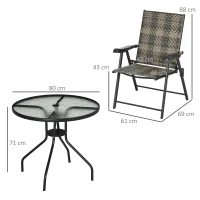 Outsunny 5 Pieces PE Rattan Dining Sets - 80cm Round Glass Top Garden Dining Table with Umbrella Hole, Outdoor Folding Armchair for Camping, Mixed Grey(m-3)
