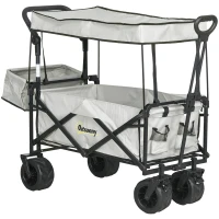Outsunny Folding Trolley Cart Storage Wagon Beach Trailer 4 Wheels with Handle Overhead Canopy Cart Push Pull for Camping, Grey(m-11)