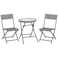 Outsunny 3 Pieces Outdoor PE Rattan Bistro Set - Foldable Wicker Conversation Balcony Furniture Set with Glass Top Table and Chairs, Grey(m-1)