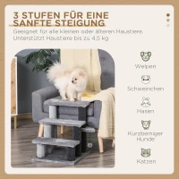 PawHut Katzentreppe 3-stufige Haustiertreppe mit Kratzsäulen Ball Hundetreppe Tiertreppe für Katzen bis 5 kg Plüsch Jute Grau 45 x 40 x 48 cm(m-4)