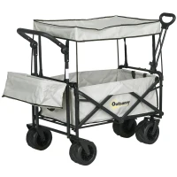 Outsunny Folding Trolley Cart Storage Wagon Beach Trailer 4 Wheels with Handle Overhead Canopy Cart Push Pull for Camping, Grey(m-1)