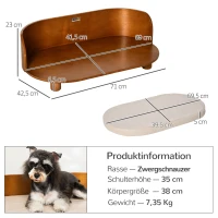PawHut Haustiersofa Hundesofa mit Kissen Erhöhtes Katzensofa Hundecouch Hundebett mit Kissen Indoor weich Mehrschichtenplatte Braun+Cremeweiß 71 x 42,5 x 23 cm(m-3)