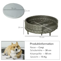 PawHut Sofa dla psa/kota z poduszką, legowisko dla małych psów, PE-rattan, Szary, Ø75 x 75 x 20 cm(m-3)