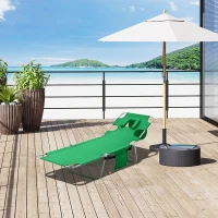 Outsunny Foldable Sun Lounger with Reading Hole, Portable Sun Lounger with 5 Level Adjustable Backrest, Reclining Lounge Chair with Side Pocket, Headrest Pillow, Green(m-12)