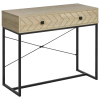 HOMCOM Mesa Consola 90x35x76cm Mesa de Entrada com 2 Gavetas de Armazenamento Decorativos e Estrutura de Metal para Entrada Corredor Sala de Estar Natural(m-10)