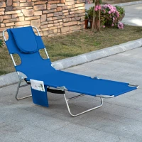 Outsunny Foldable Sun Lounger with Reading Hole, Portable Sun Lounger with 5 Level Adjustable Backrest, Reclining Lounge Chair with Side Pocket, Headrest Pillow, Blue(m-14)
