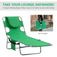 Outsunny Foldable Sun Lounger with Reading Hole, Portable Sun Lounger with 5 Level Adjustable Backrest, Reclining Lounge Chair with Side Pocket, Headrest Pillow, Green(m-5)