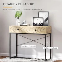 HOMCOM Mesa Consola 90x35x76cm Mesa de Entrada com 2 Gavetas de Armazenamento Decorativos e Estrutura de Metal para Entrada Corredor Sala de Estar Natural(m-5)