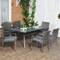 Outsunny Conjunto de Refeição de Jardim em Vime Sintético Conjunto de 7 Peças Inclui 6 Cadeiras com Almofadas e Mesa de Metal Cinza(m-2)