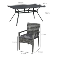 Outsunny Conjunto de Refeição de Jardim em Vime Sintético Conjunto de 7 Peças Inclui 6 Cadeiras com Almofadas e Mesa de Metal Cinza(m-3)
