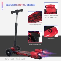 HOMCOM Kids Scooter, 3 Wheel Foldable Kick Scooter Adjustable Height w/ Flashing Wheels, Music, Water Spray for 3-6 Years, Red(m-7)