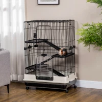 PawHut Four-Tier Small Animal Cage, for Bunnies, Ferrets, Chinchillas w/ Wheels, Tray - Black(m-10)