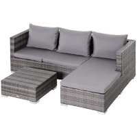 Outsunny Dreiteiliges Gartenmöbel Set, Sofa, Beistelltisch mit Stauraum, 5-Stufig Rückenlehne, PE-Rattan, Grau, (Sofa) 130 x 64 x 62 cm(m-10)