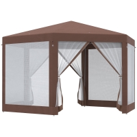 Outsunny Hexagonal Garden Gazebo - Patio Party Outdoor Canopy Tent Sun Shelter with Mosquito Netting and Zipped Door, Brown