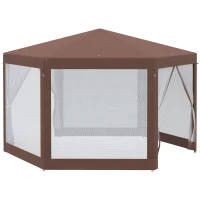 Outsunny Hexagonal Garden Gazebo - Patio Party Outdoor Canopy Tent Sun Shelter with Mosquito Netting and Zipped Door, Brown(m-7)