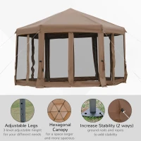 Outsunny 3.2m Pop Up Gazebo Hexagonal Canopy Tent for Outdoor Sun Protection - Includes Mesh Sidewalls and Handy Bag, Brown(m-5)