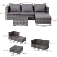 Outsunny Dreiteiliges Gartenmöbel Set, Sofa, Beistelltisch mit Stauraum, 5-Stufig Rückenlehne, PE-Rattan, Grau, (Sofa) 130 x 64 x 62 cm(m-3)