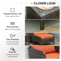 Outsunny 5 Pieces PE Rattan Garden Furniture Set - With 10cm Thick Padded Cushions, Wicker Weave Outdoor Seating Chairs Including 2 Armchairs, 2 Stools, and Glass Top Table, Brown(m-6)