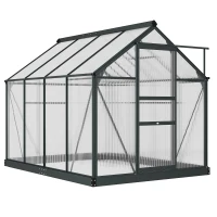 Outsunny 6 x 8ft Polycarbonate Greenhouse, Large Walk-In Green House with Slide Door and Window, Garden Plants Grow House with Aluminium Frame and Foundation, Grey(m-1)