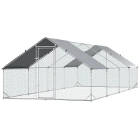 PawHut Galinheiro de Exterior Grande 3x8x2m Gaiola para 16-24 Galinhas de Aço Galvanizado com Teto de PE e Fechadura para Coelhos Prata(m-11)