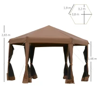 Outsunny 3.2m Pop Up Gazebo Hexagonal Canopy Tent for Outdoor Sun Protection - Includes Mesh Sidewalls and Handy Bag, Brown(m-3)