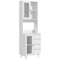 HOMCOM Armário de Cozinha com 2 Armários com Portas de Vidro Temperado 2 Compartimentos Abertos 4 Gavetas e Prateleiras Ajustáveis 60x35x180 cm Branco(m-11)