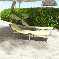 Outsunny Outdoor Foldable Sun Lounger Set of 2, 4 Level Adjustable Backrest Reclining Sun Lounger Chair with Angle Adjust Sun Shade Awning for Beach, Garden, Patio, Beige(m-10)