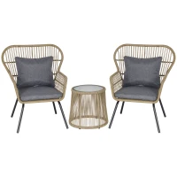 Outsunny 3 Piece Rattan Garden Furniture Set - Includes Cushions, Outdoor Conservatory Dining Set with 2 Chairs and Glass Coffee Table, Brown(m-1)