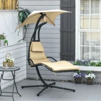 Outsunny Espreguiçadeira Suspensa com Chapéu de Sol com Proteção UV Espreguiçadeira Baloiço Ergonómica para Jardim Pátio 190x110x190cm Bege(m-2)