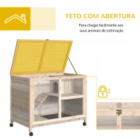 PawHut Coelheira de Madeira com Rodas 91,5x53,5x73cm Gaiola para Coelhos de 2 Níveis com Bandeja Amovível e Rampa Natural(m-5)