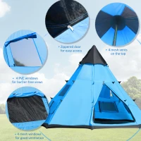Outsunny 6 Men Tipi Tent, Camping Tent, Teepee Family Tent with Mesh Windows, Sewn-in Tent Floor, Two Doors and Carry Bag, Easy Set Up, for Hiking Picnics Outdoor Night, Blue(m-5)