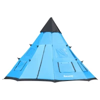 Outsunny 6 Men Tipi Tent, Camping Tent, Teepee Family Tent with Mesh Windows, Sewn-in Tent Floor, Two Doors and Carry Bag, Easy Set Up, for Hiking Picnics Outdoor Night, Blue(m-11)
