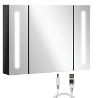 kleankin LED Bathroom Cabinet with Mirror, Wall Mounted Dimmable Brightness Storage Organiser with 3 Mirrored Doors and Adjustable Shelves, Memory Function, USB Charge, High Gloss Black(m-1)