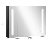 kleankin LED Bathroom Cabinet with Mirror, Wall Mounted Dimmable Brightness Storage Organiser with 3 Mirrored Doors and Adjustable Shelves, Memory Function, USB Charge, High Gloss Black(m-3)
